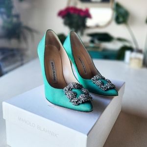 Manolo Blahnik Hangisi Satin Crystal Jewel Buckle Pumps Green Size 35